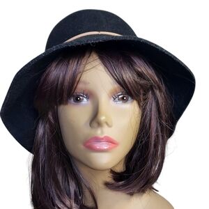 Vintage Saks Fifth Avenue Black 100% Wool Bucket Hat with brown leather accent